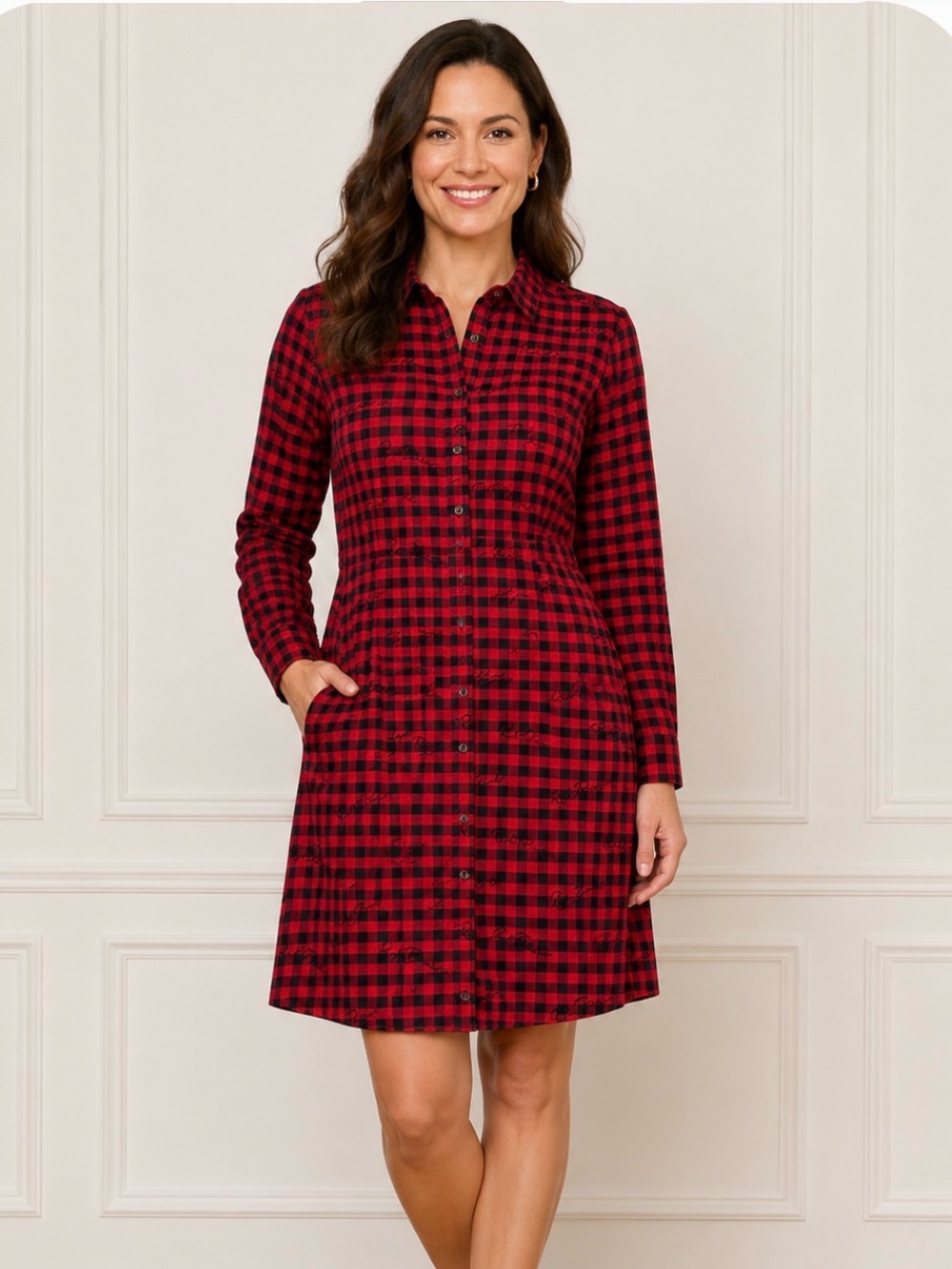 Brooks Brothers fitted red fleece, checkered shirt wdress with pockets.